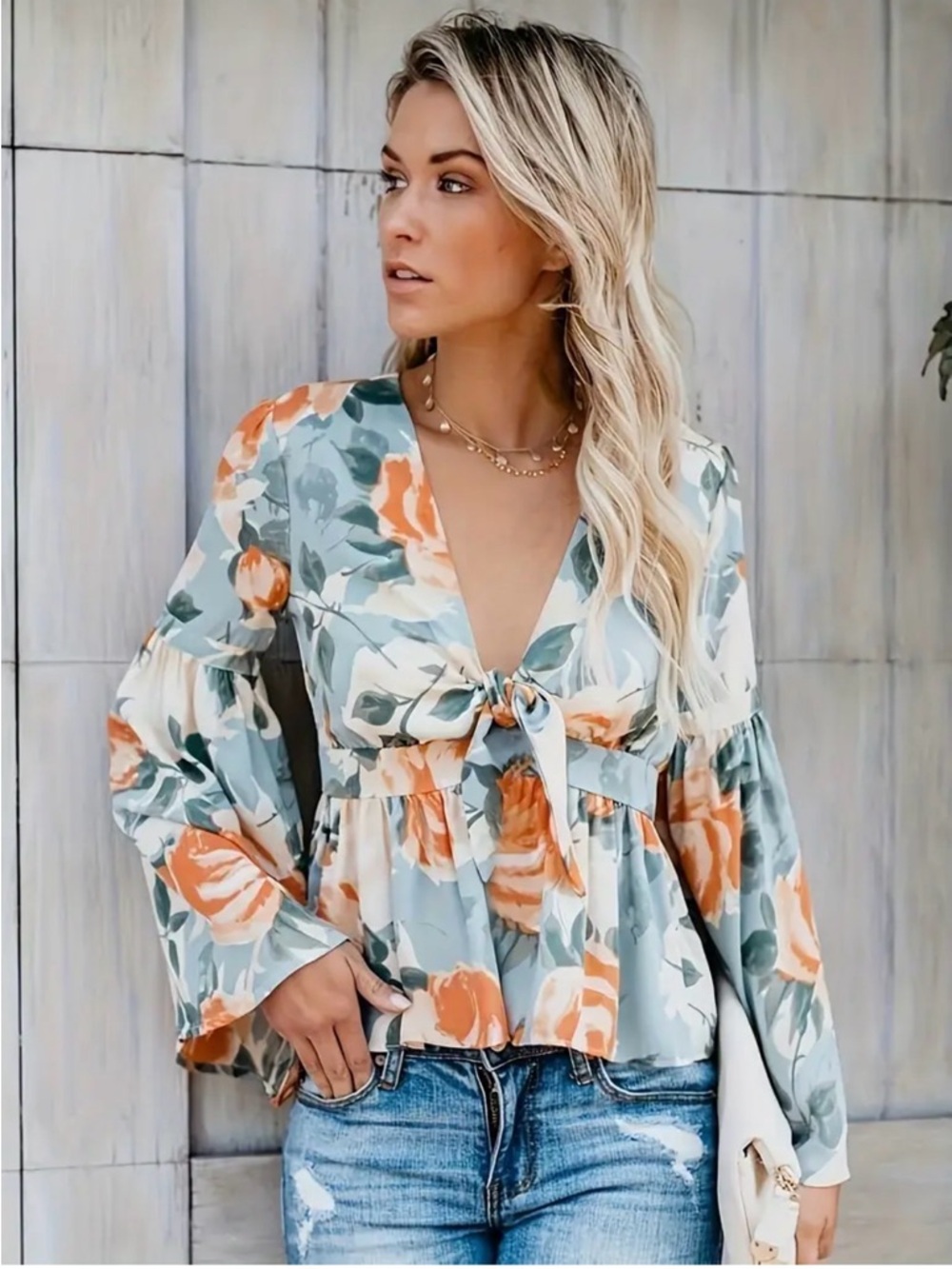 VICI Floral Tie Front Shirt Women’s Small Sage Orange Bell Sleeve Boho Retro